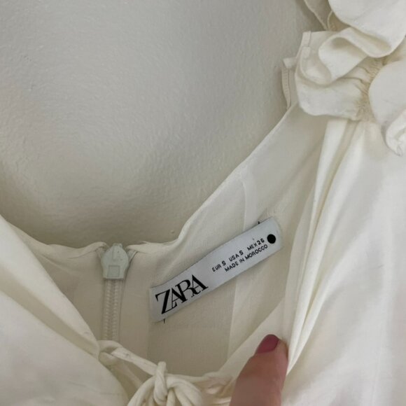 Zara White Linen Blend Ruched Ruffled Tie Front Mini Dress Size Small - Picture 3 of 6